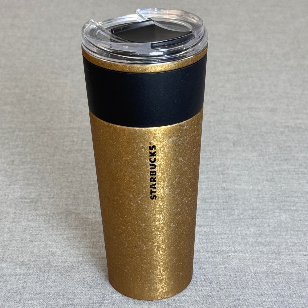 Starbucks 2021 Gold Textured Insulated Travel Tumbler 16oz Black Silicone Grip